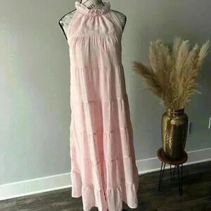 HAEOF Light Pink Tiered Maxi Dress - Size S, Ruffle Neck Sleeveless Boho Summer